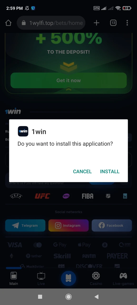 Start installing the 1win application for Android.