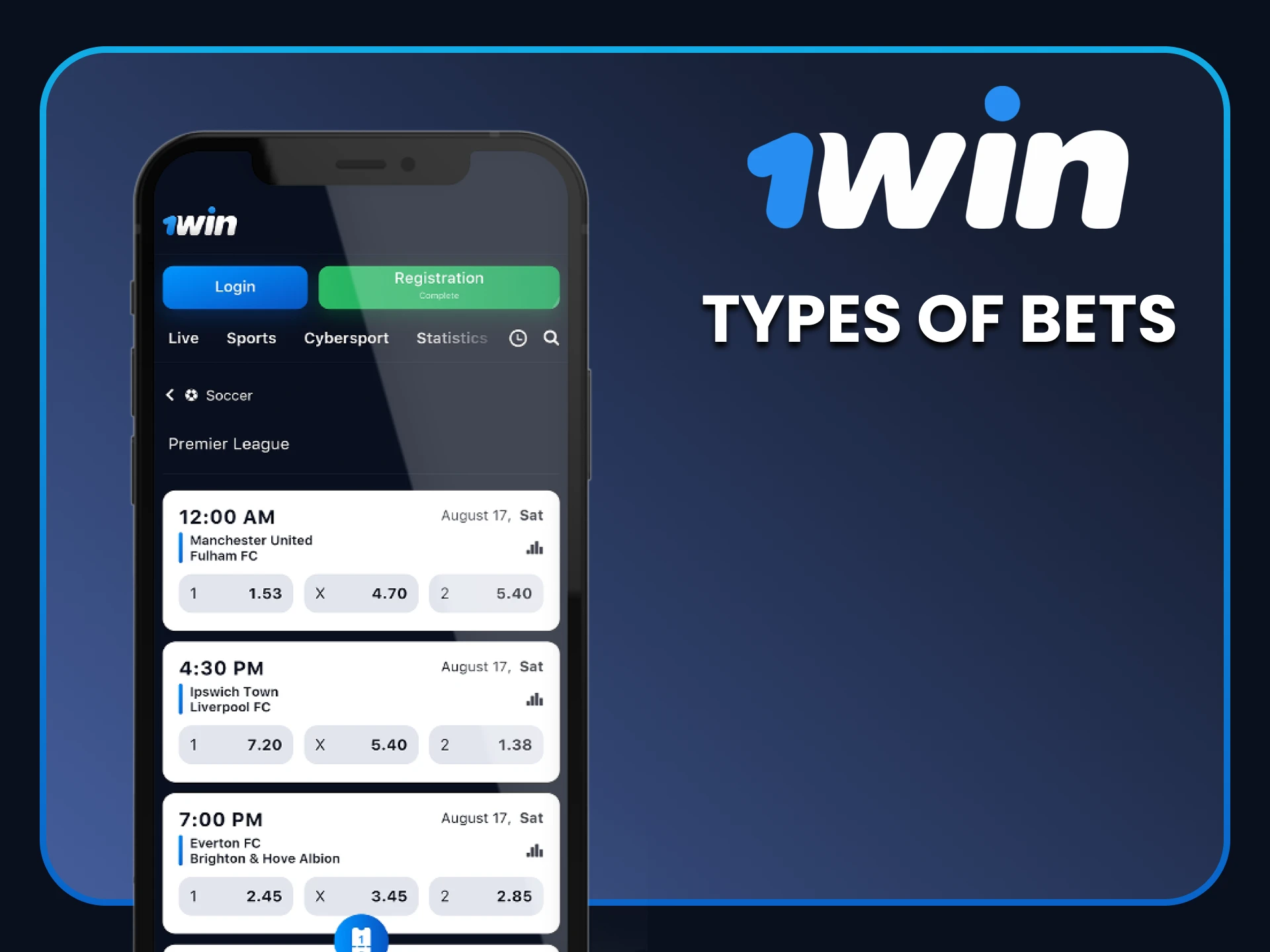 We will tell you what types of bets are available in the 1win application.