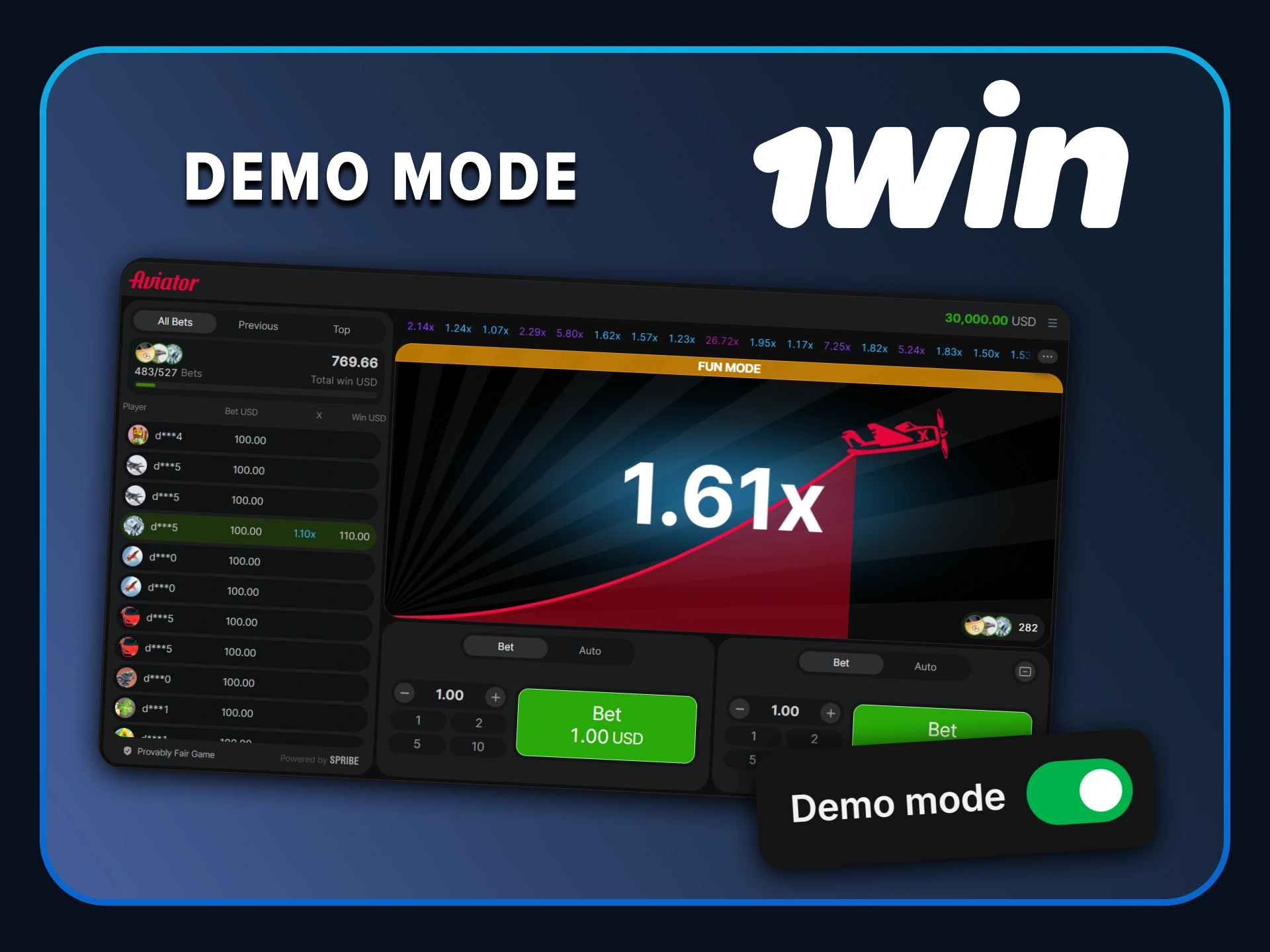 Try the Aviator demo mode at 1win to practice your skills for free.
