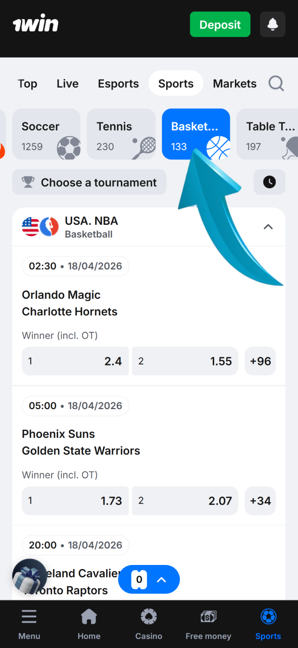 Navigate to the basketball section in 1win to see live odds and matches.