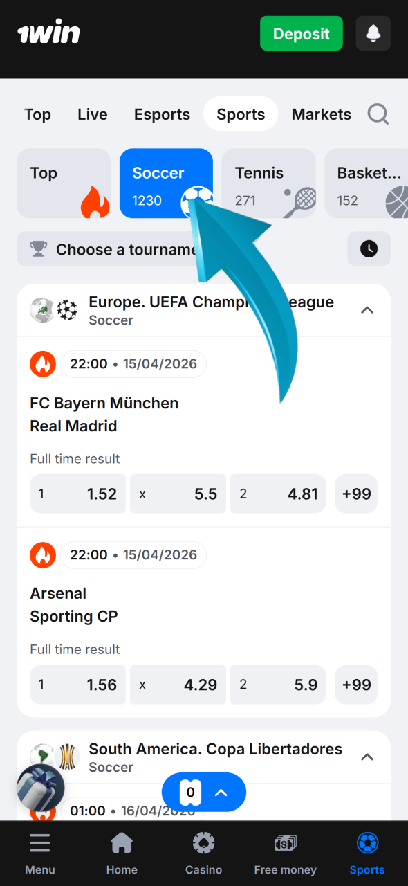 Navigate to the football section on 1win to view all available leagues and odds.