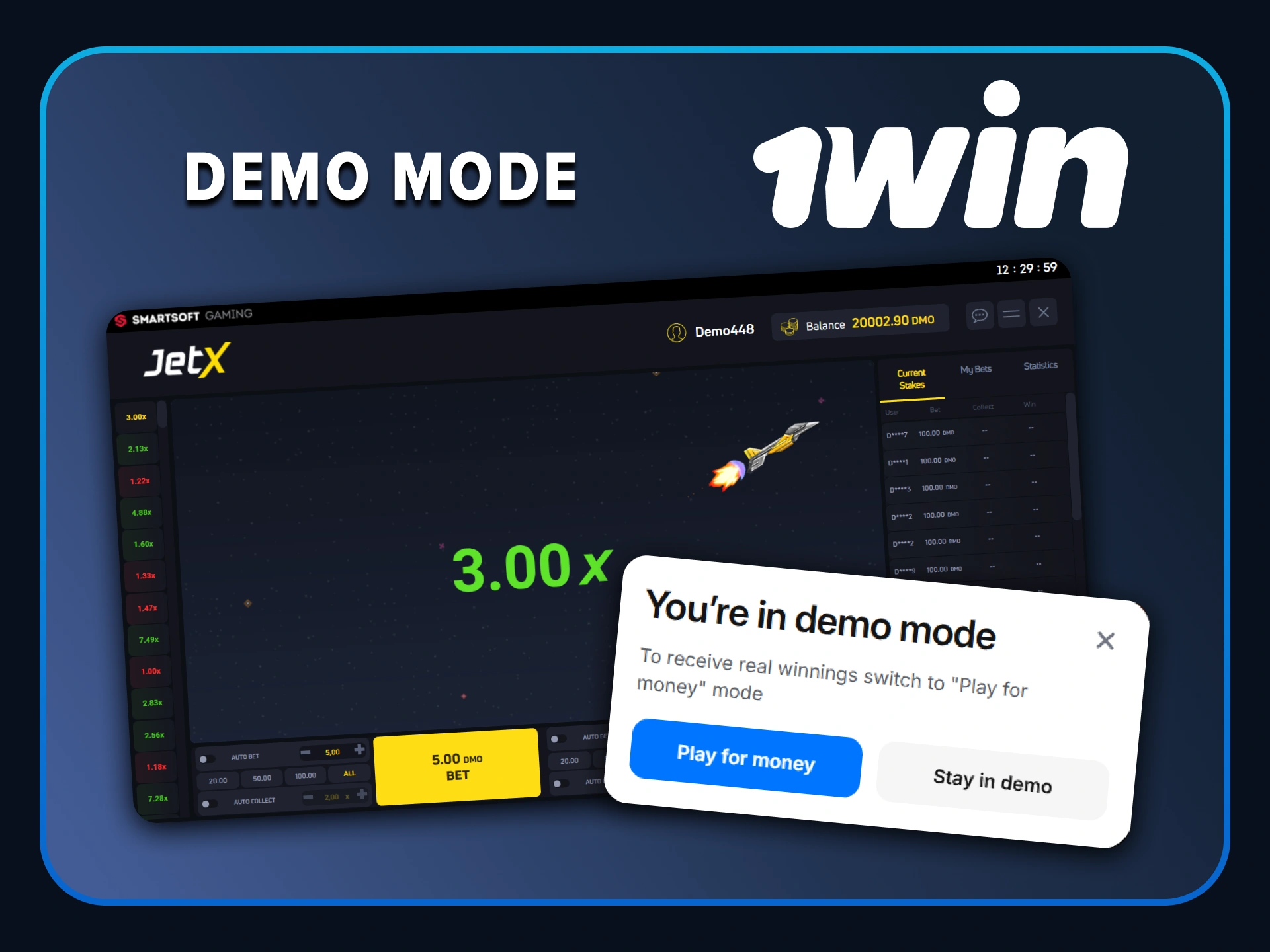 Try the JetX demo mode at 1win to practice your betting strategy for free.