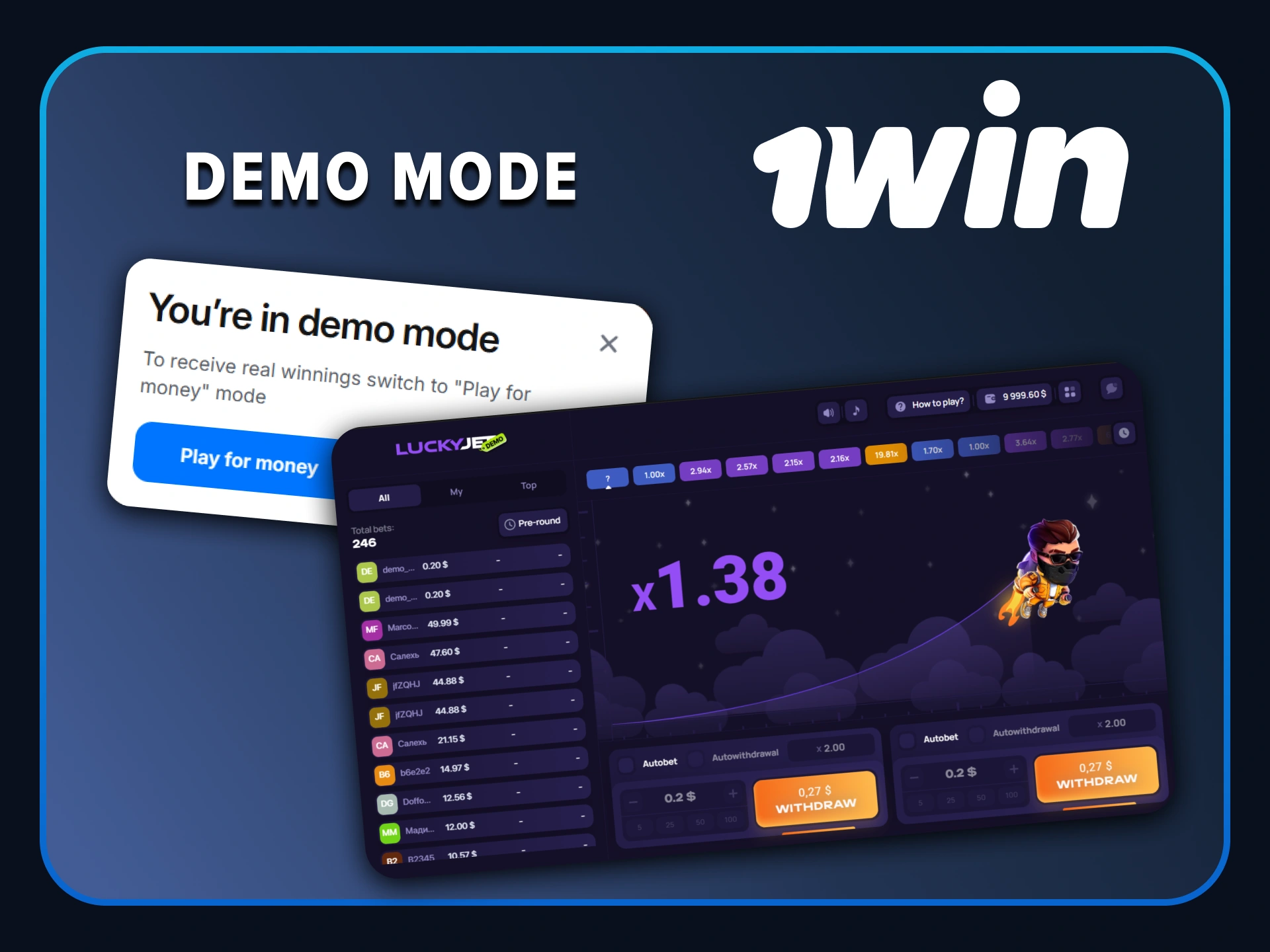 Try the Lucky Jet demo mode at 1win to practice your strategy for free.