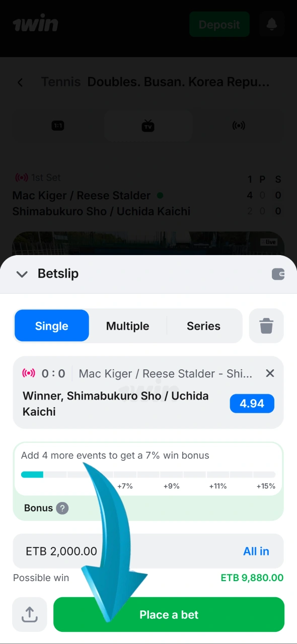 See how to enter your stake and confirm your tennis bet on 1win.