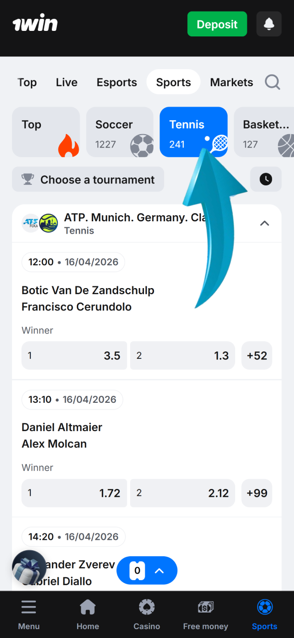 Navigate to the 1win sports section to find your favorite tennis tournaments.
